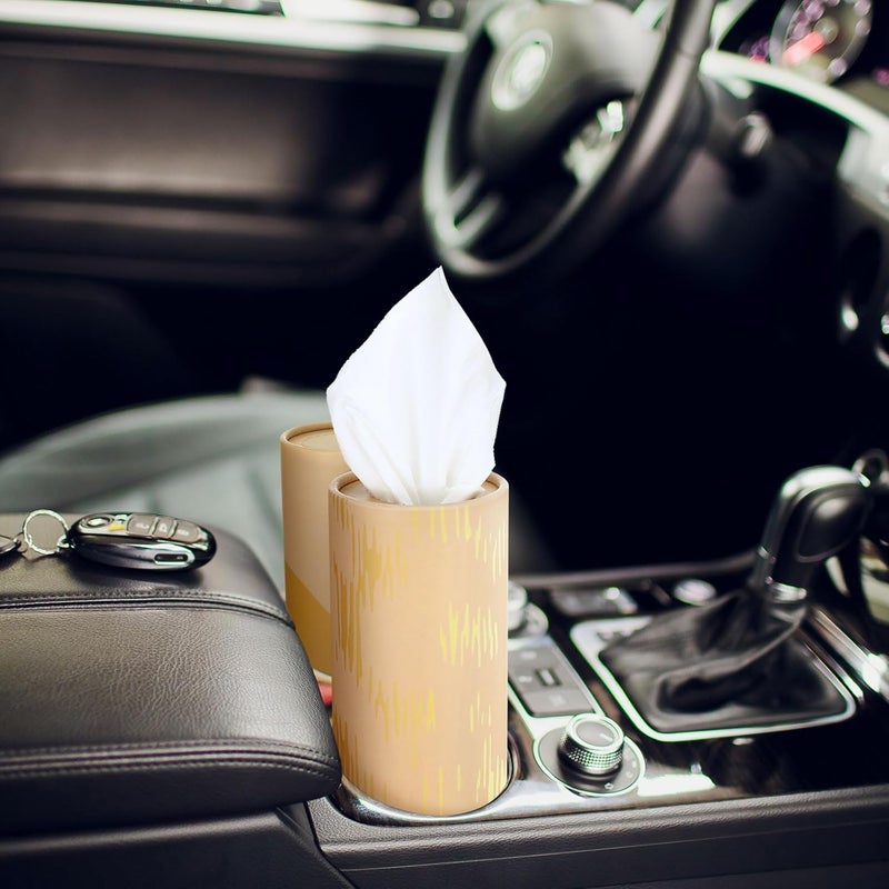 Fourluoo 12 Pack Car Tissue Cylinder Holder Bulk with 3 Ply Facial Tissues, Round Napkin Holders for Car Cup Holder Cylinder Travel Paper Tubes Bulk Round Napkin Boxes Packs(Modern Gold Line) - Image 2